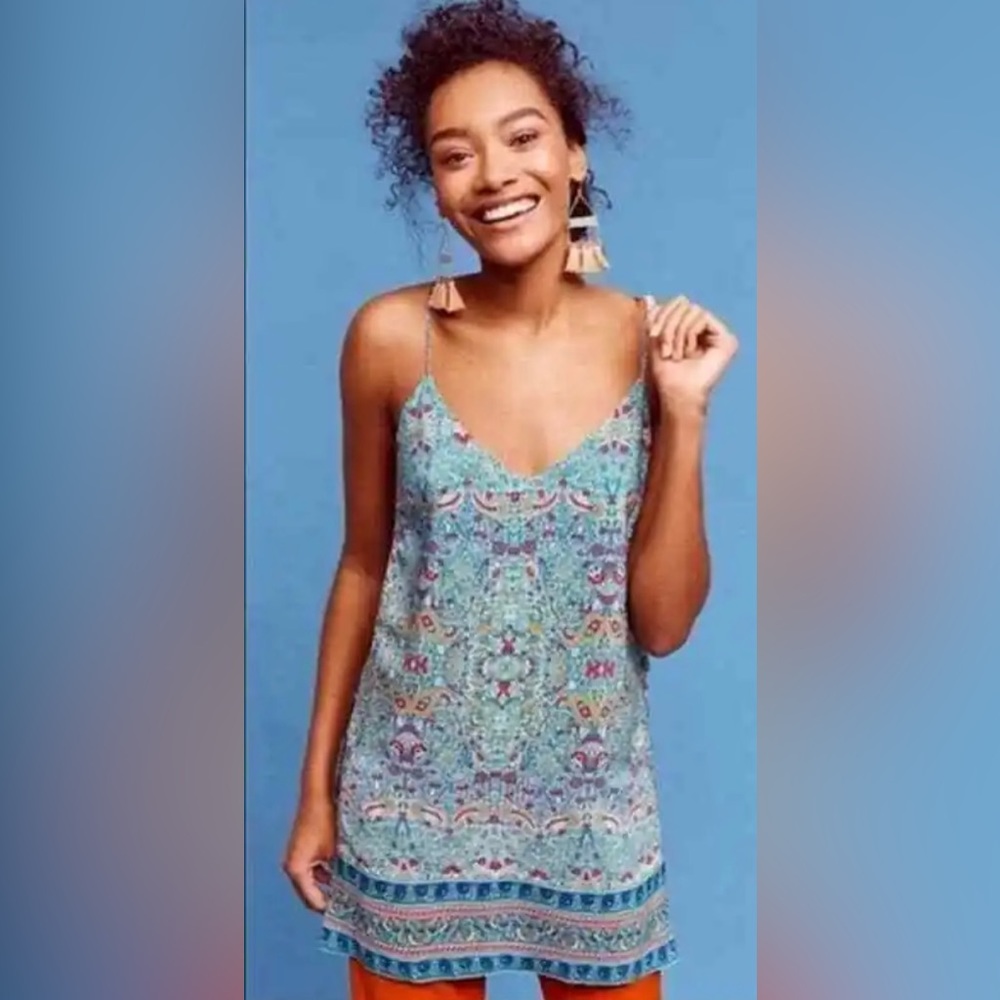 Anthropologie | Maeve Meret Strappy Silk Turquoise Split Hem Tunic